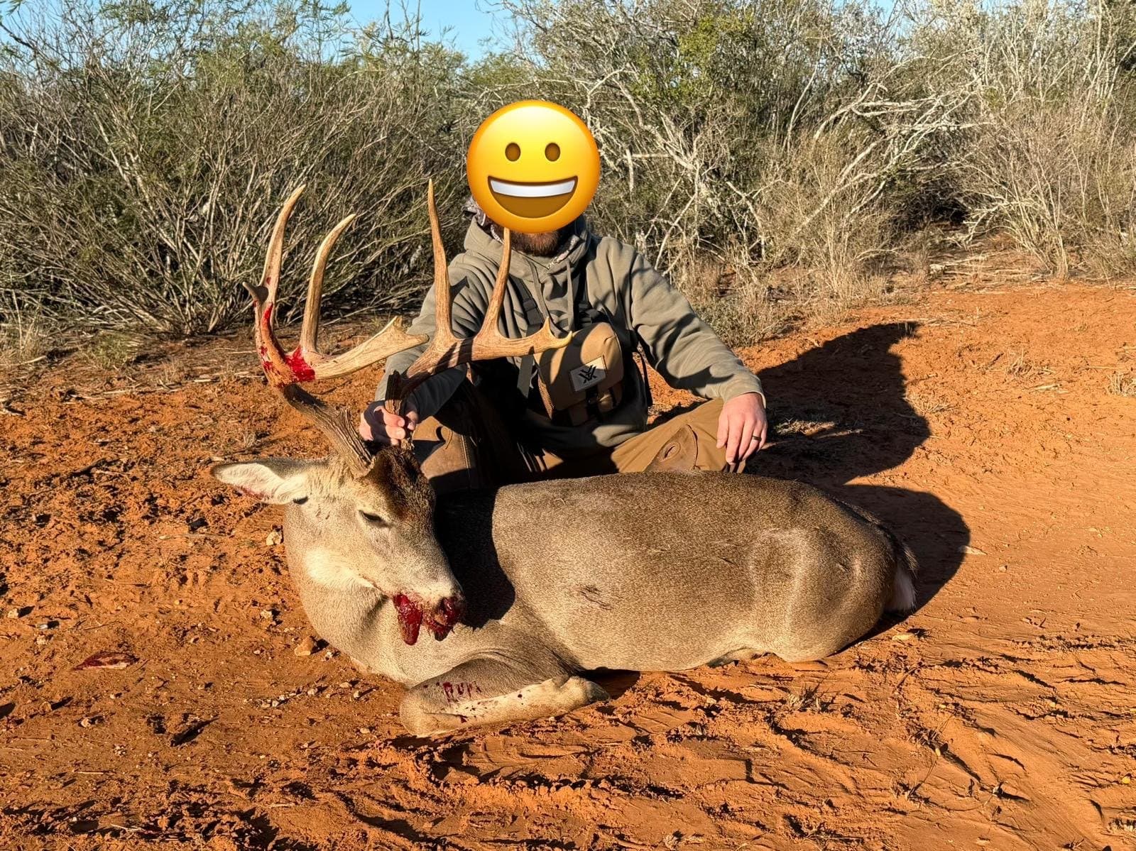 Hunter seated behind a harvested whitetail buck on red South Texas soil